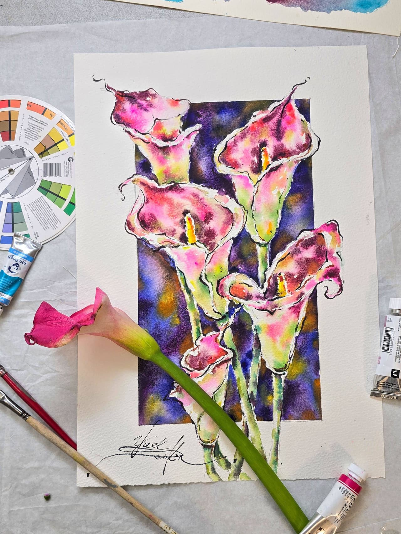 Original Watercolor Calla Lilies Painting - Floral Wall Art — image 1