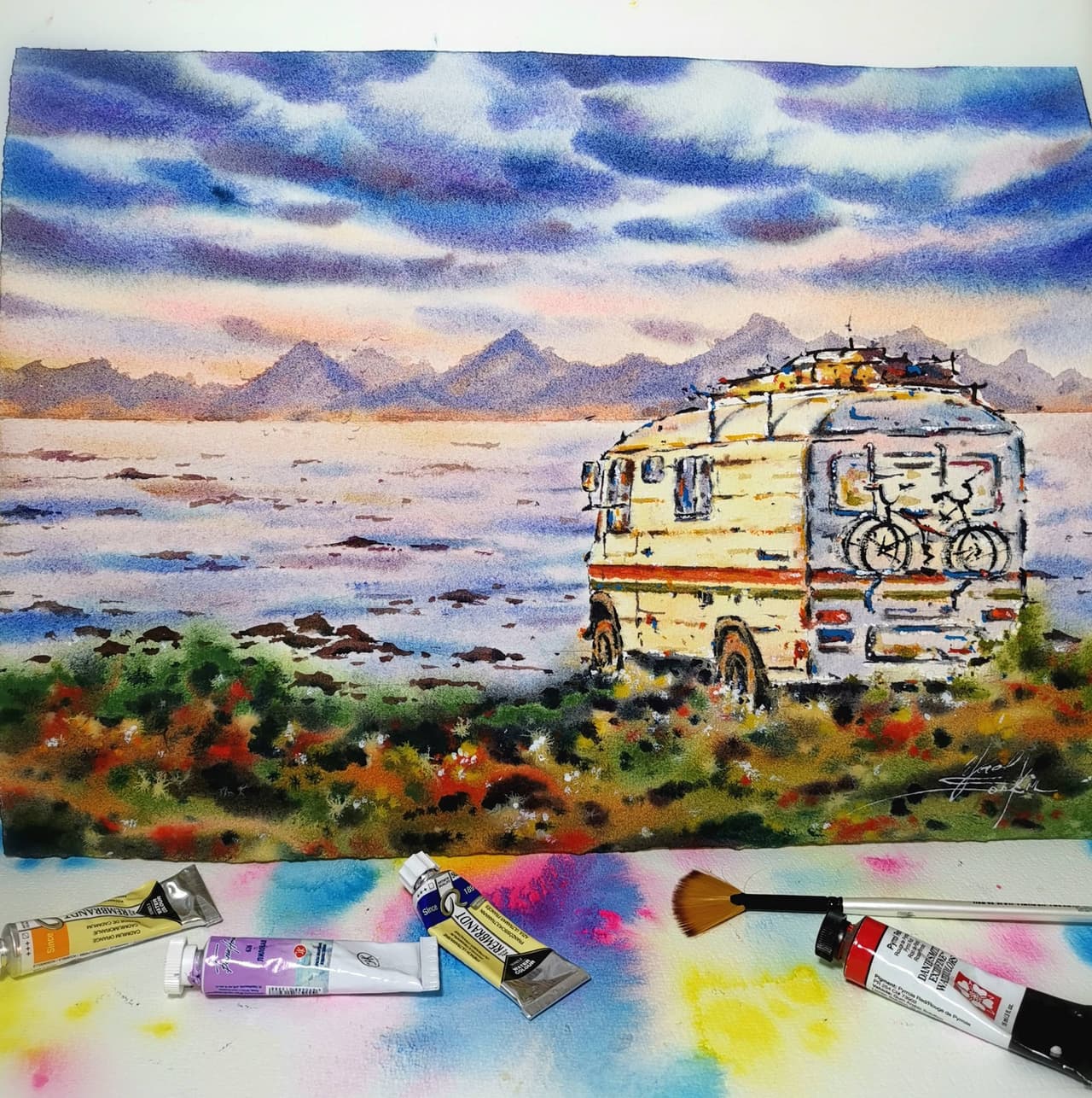 Original Watercolor Campervan Painting - Seascape Wall Art, Traval Landscape Art — image 1