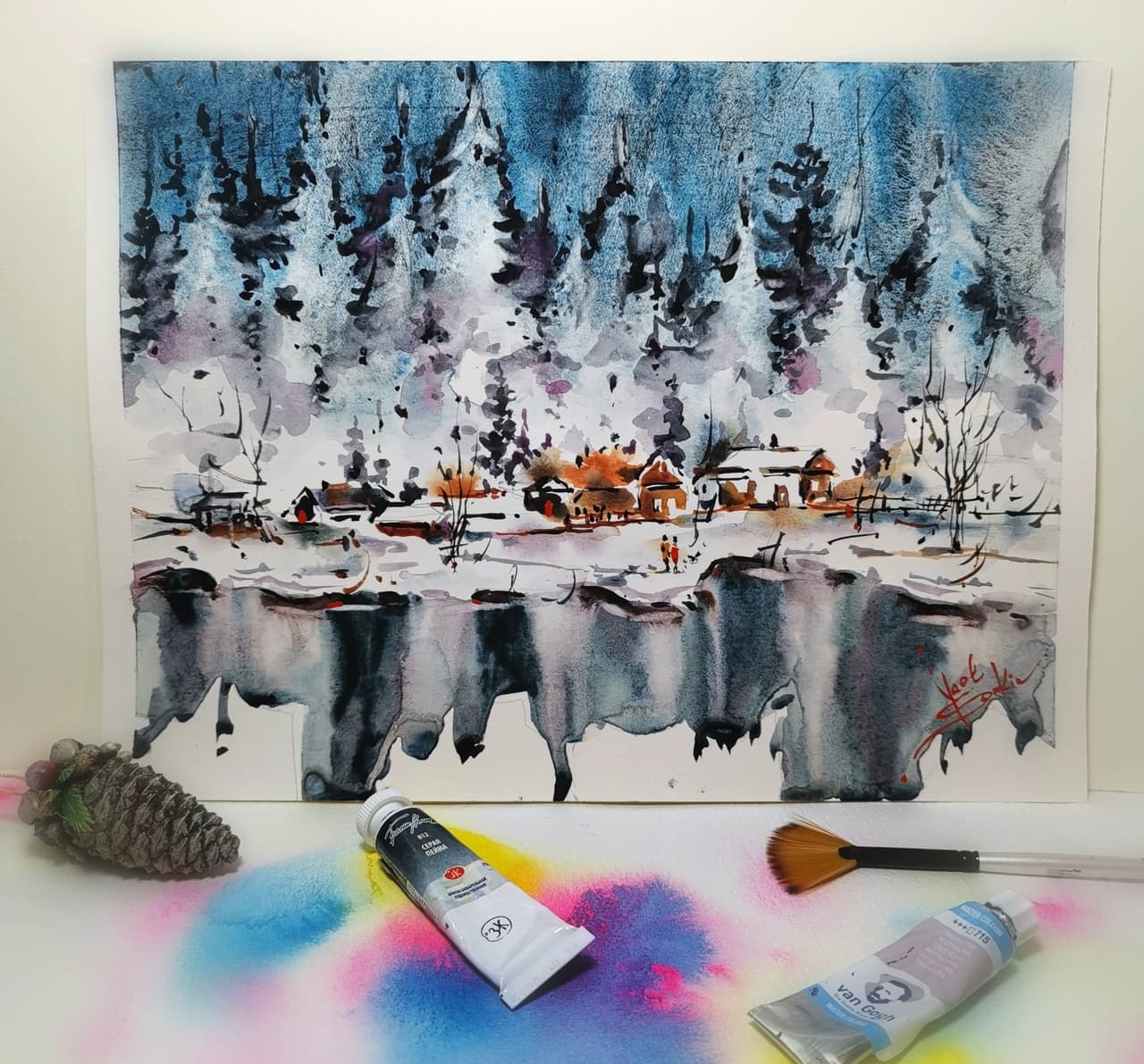 Canada Painting Original Watercolor Winter Landscape  — image 2