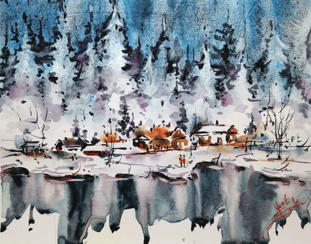 Canada Painting Original Watercolor Winter Landscape  — image 1