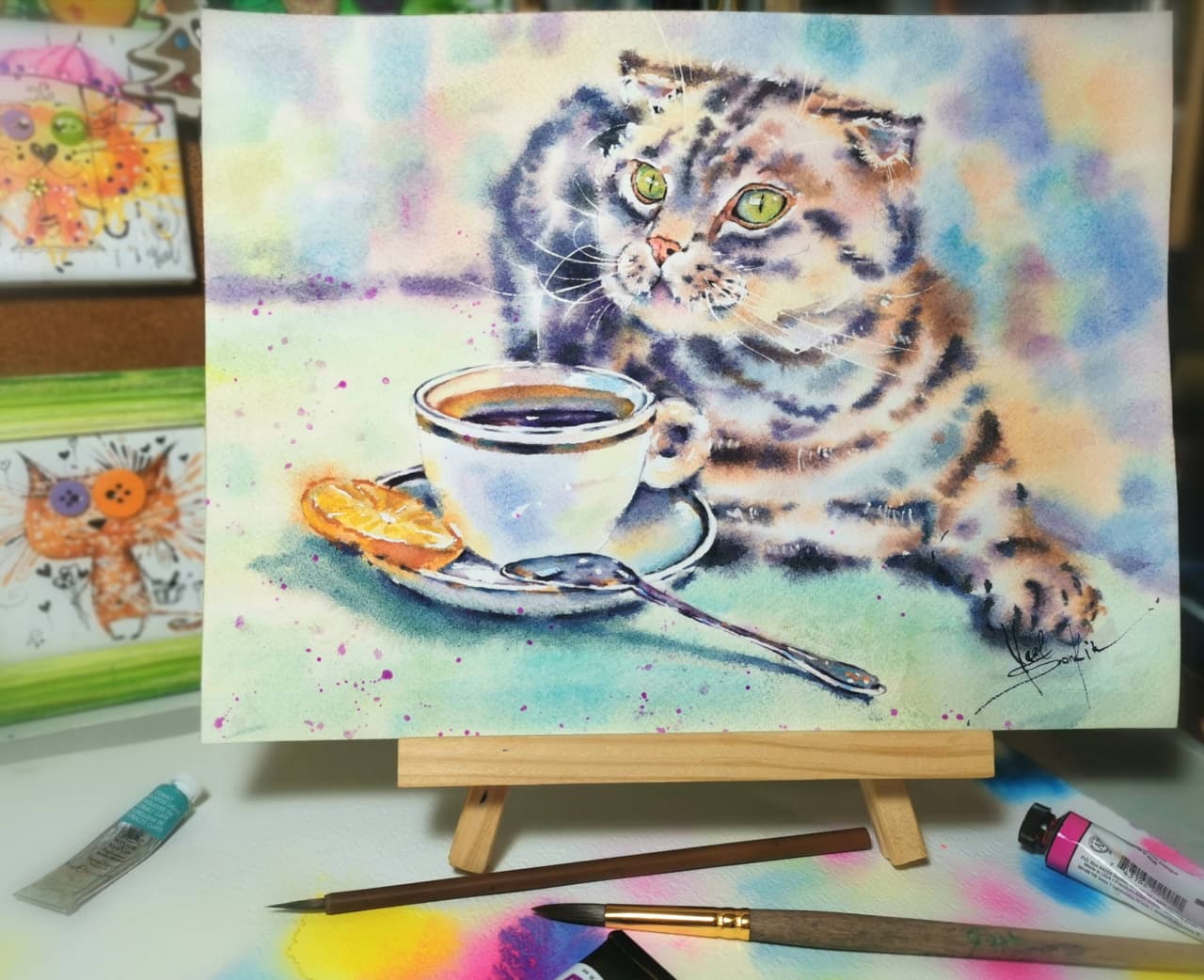 Original WAtercolor Cat Painting - Breakfast Time Wall Art — image 1