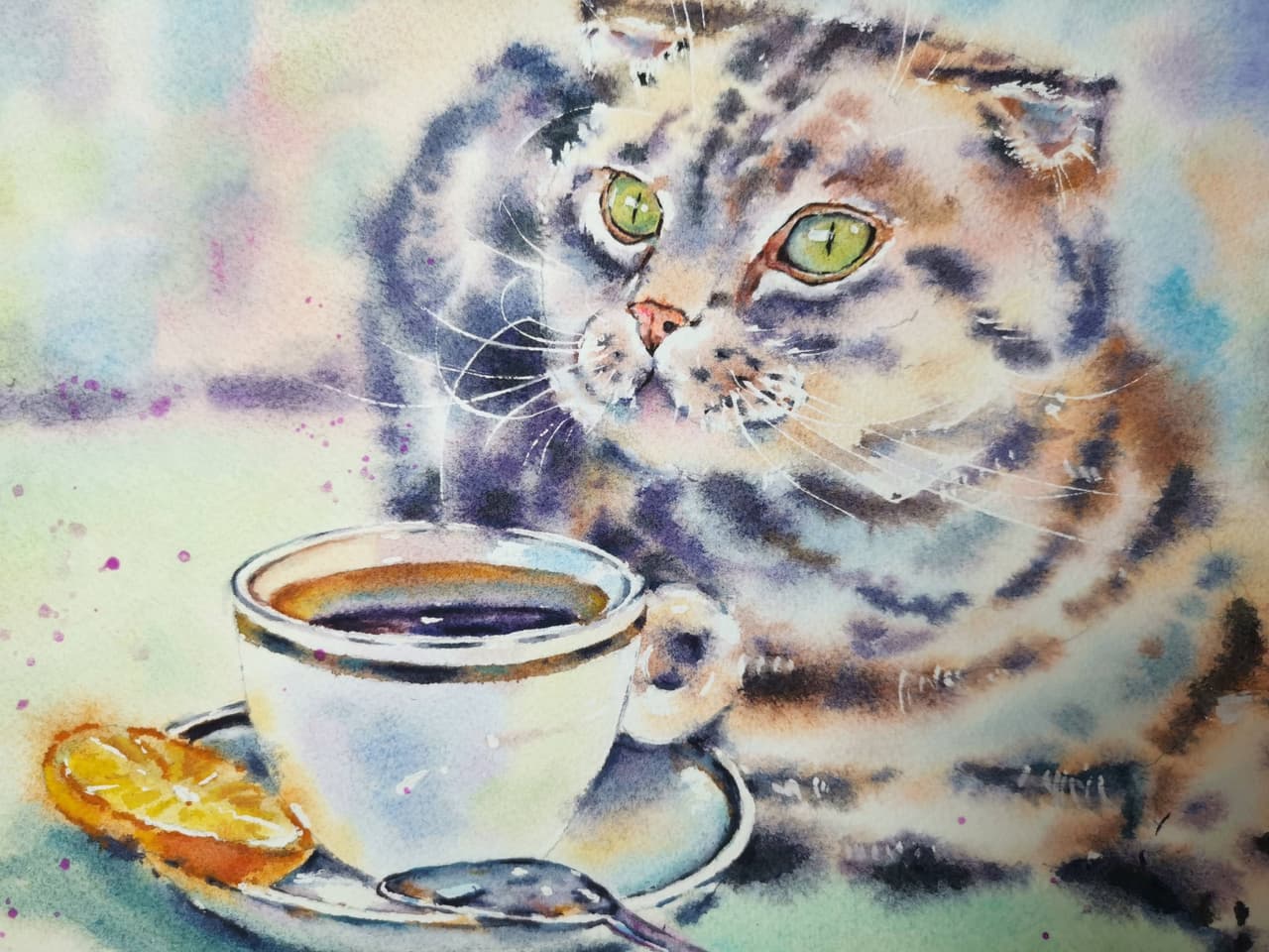 Original WAtercolor Cat Painting - Breakfast Time Wall Art — image 2