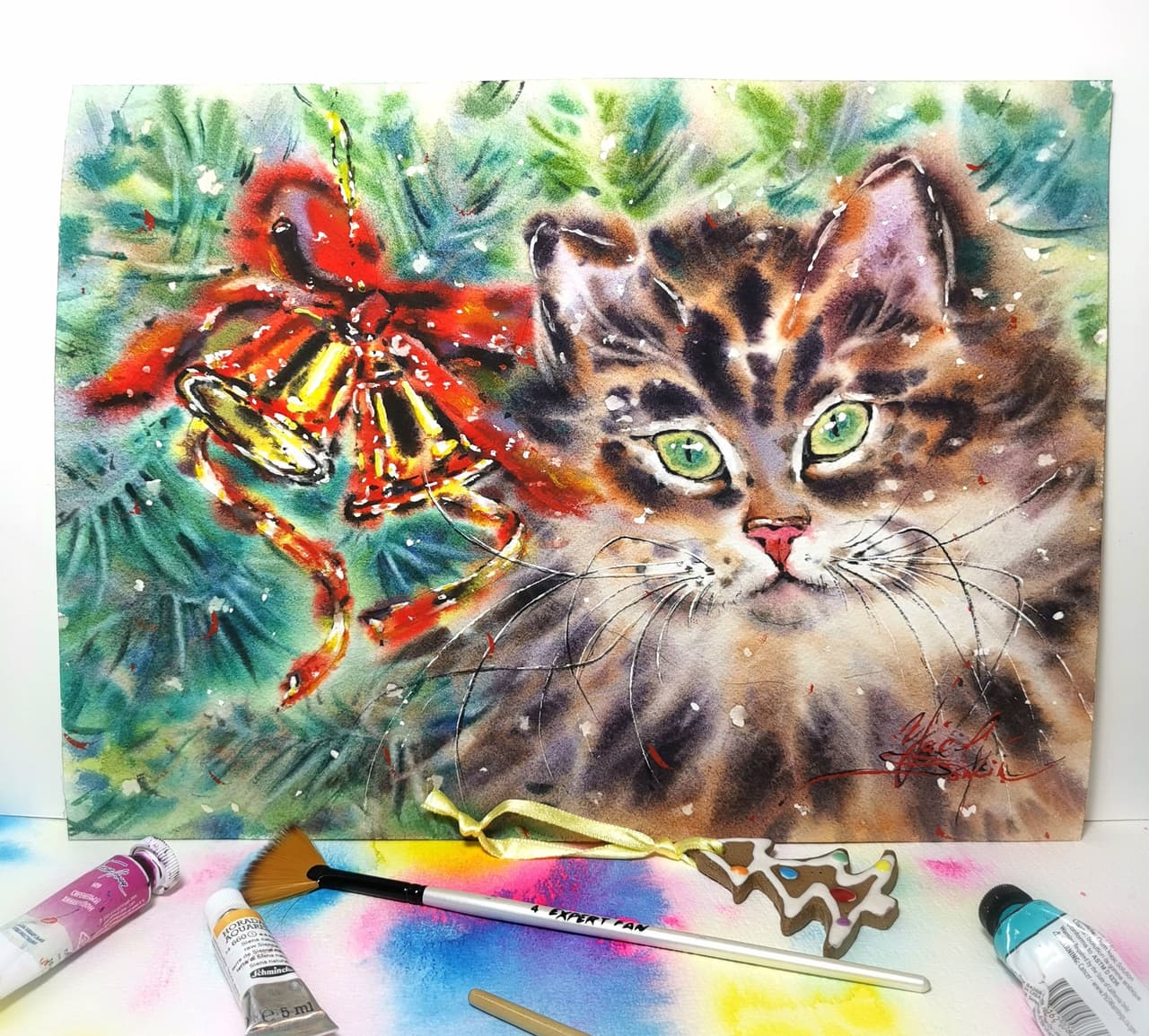 Original WAtercolor Fluffy Cat Painting - Christmas Decorations Wall Art, Holiday Wall Decor — image 2