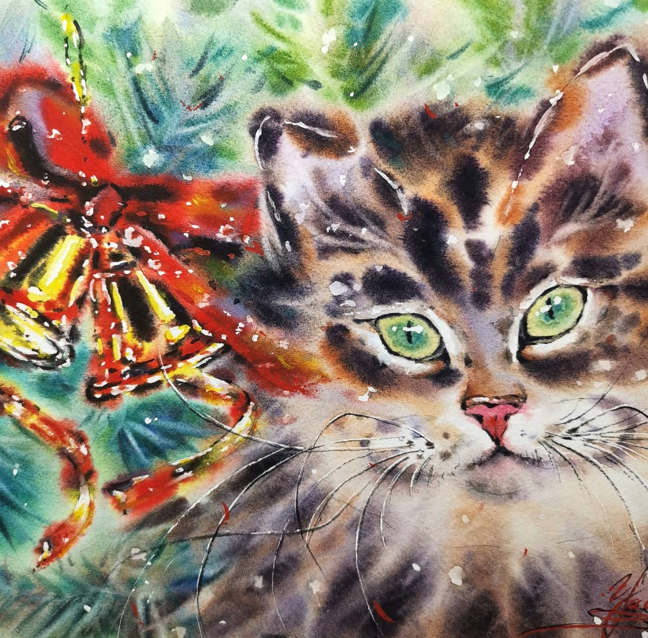 Original WAtercolor Fluffy Cat Painting - Christmas Decorations Wall Art, Holiday Wall Decor — image 3