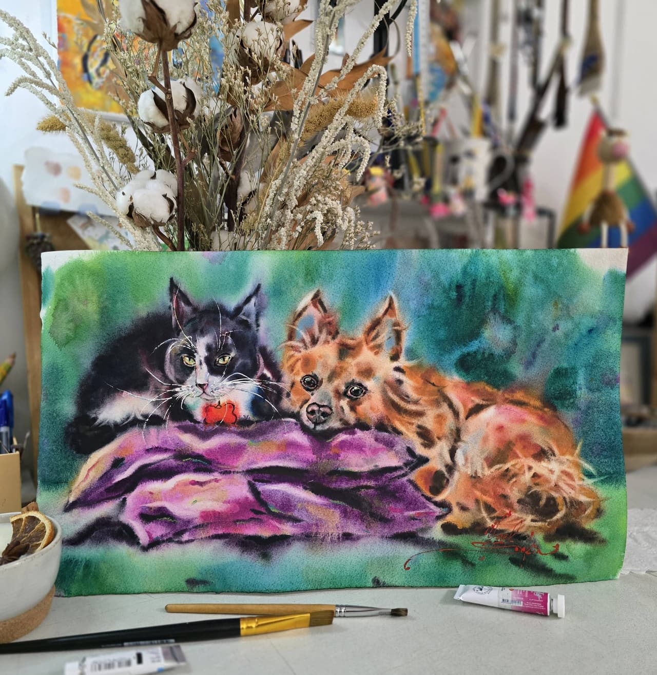 Cat and Dog Friendship Artwork - Original Watercolor Painting — image 2