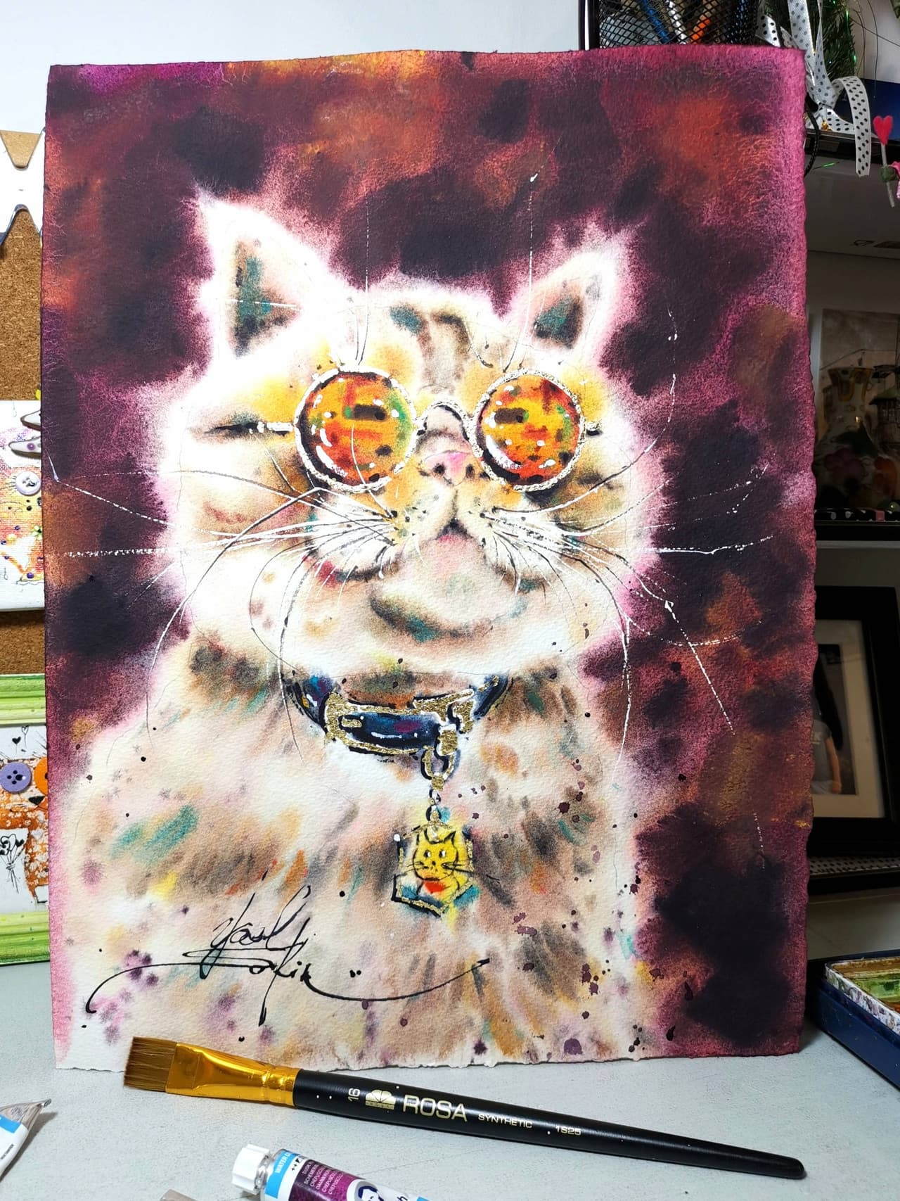 Original Watercolor Fashion Cat Painting - Stylish Modern Cool Cat Wall Art — image 1