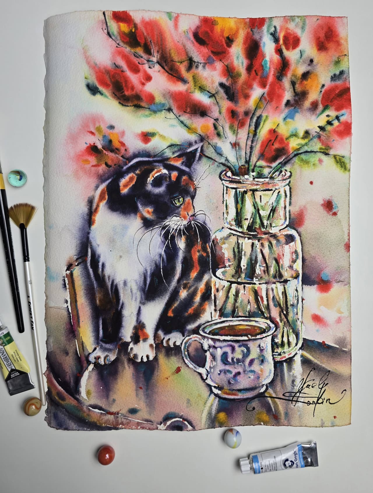 Calico Cat Watercolor Painting, Original Cozy Still Life with Flowers and Tea — image 3