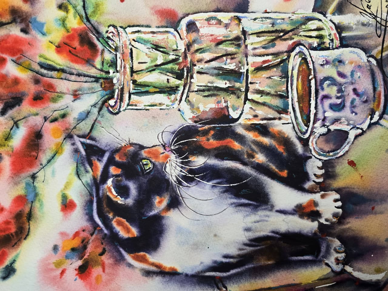 Calico Cat Watercolor Painting, Original Cozy Still Life with Flowers and Tea — image 2