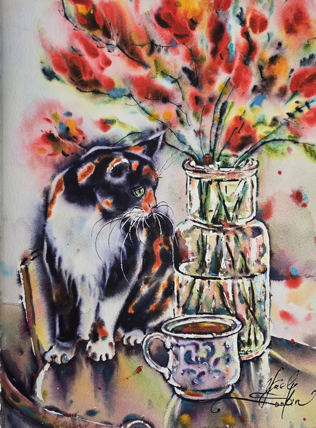 Calico Cat Watercolor Painting, Original Cozy Still Life with Flowers and Tea — image 1