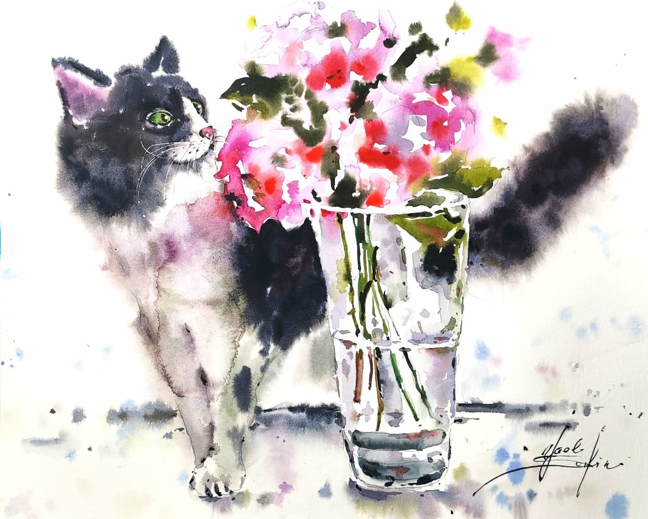 Cat painting Flowers artwork Original watercolor art — image 1