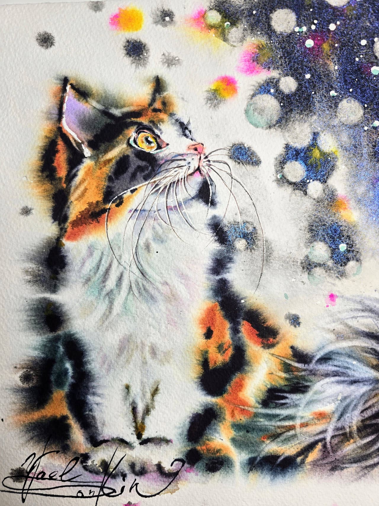 Calico Cat Watercolor Painting, Original Galaxy Starry Night Wall Art — image 2