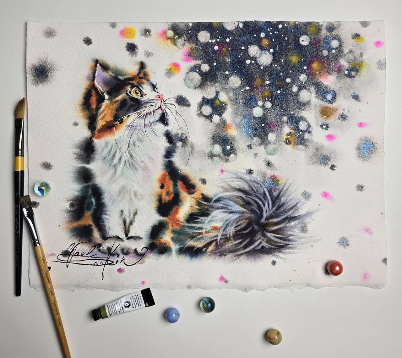 Calico Cat Watercolor Painting, Original Galaxy Starry Night Wall Art — image 3