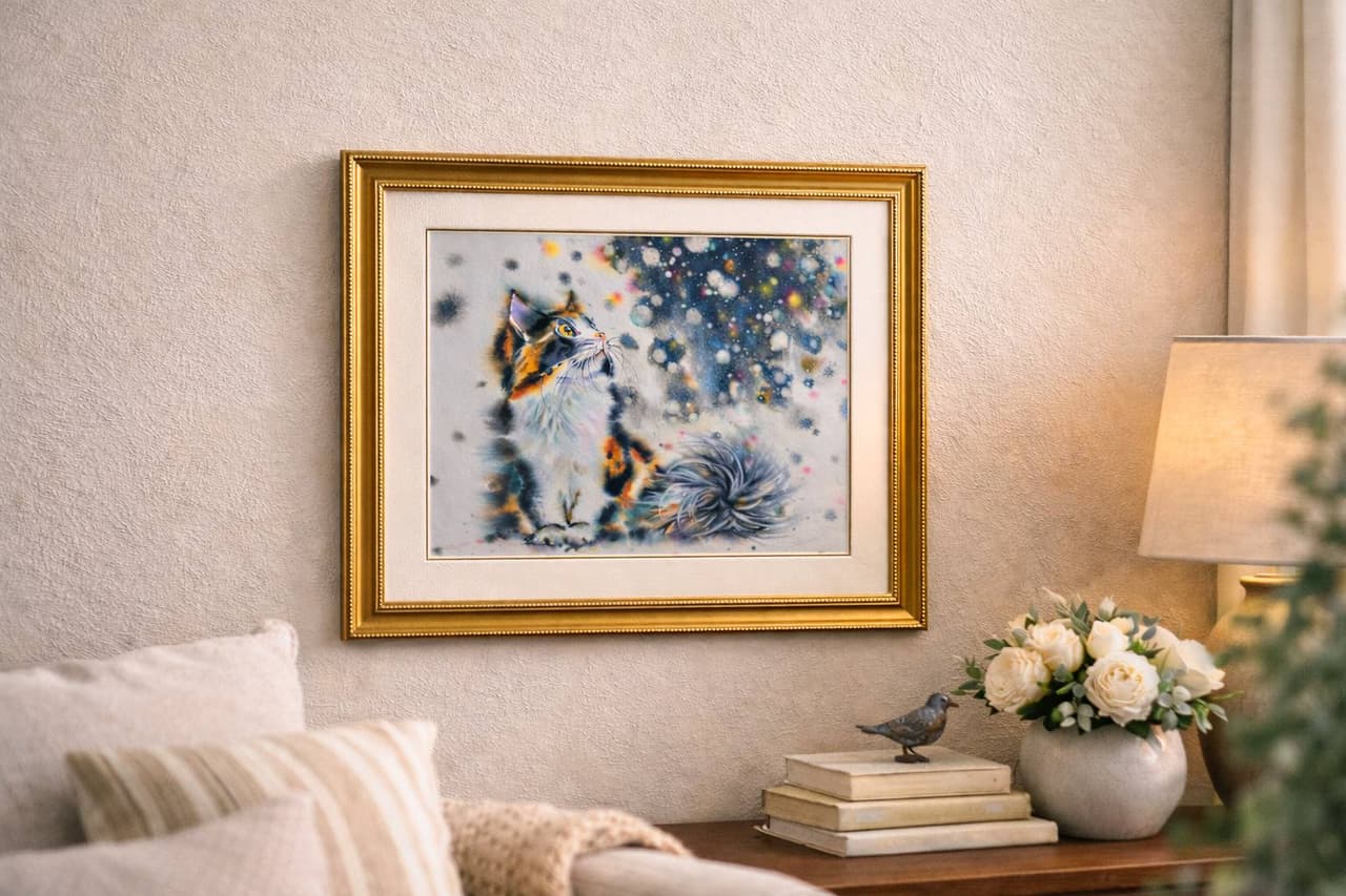 Calico Cat Watercolor Painting, Original Galaxy Starry Night Wall Art — image 4