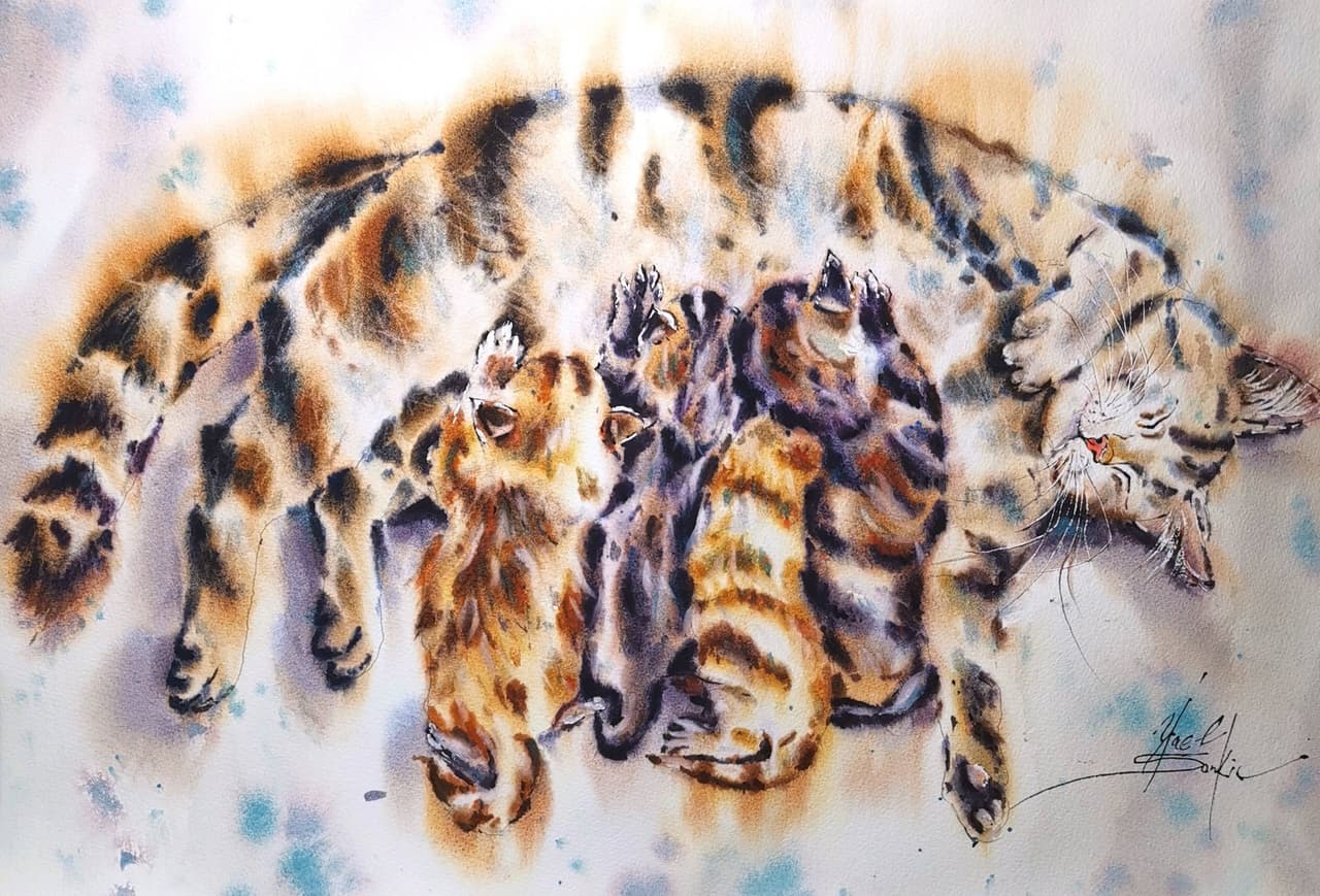 Cats painting Original watercolor Cat with kittens artwork Mother's Day art,  — image 3