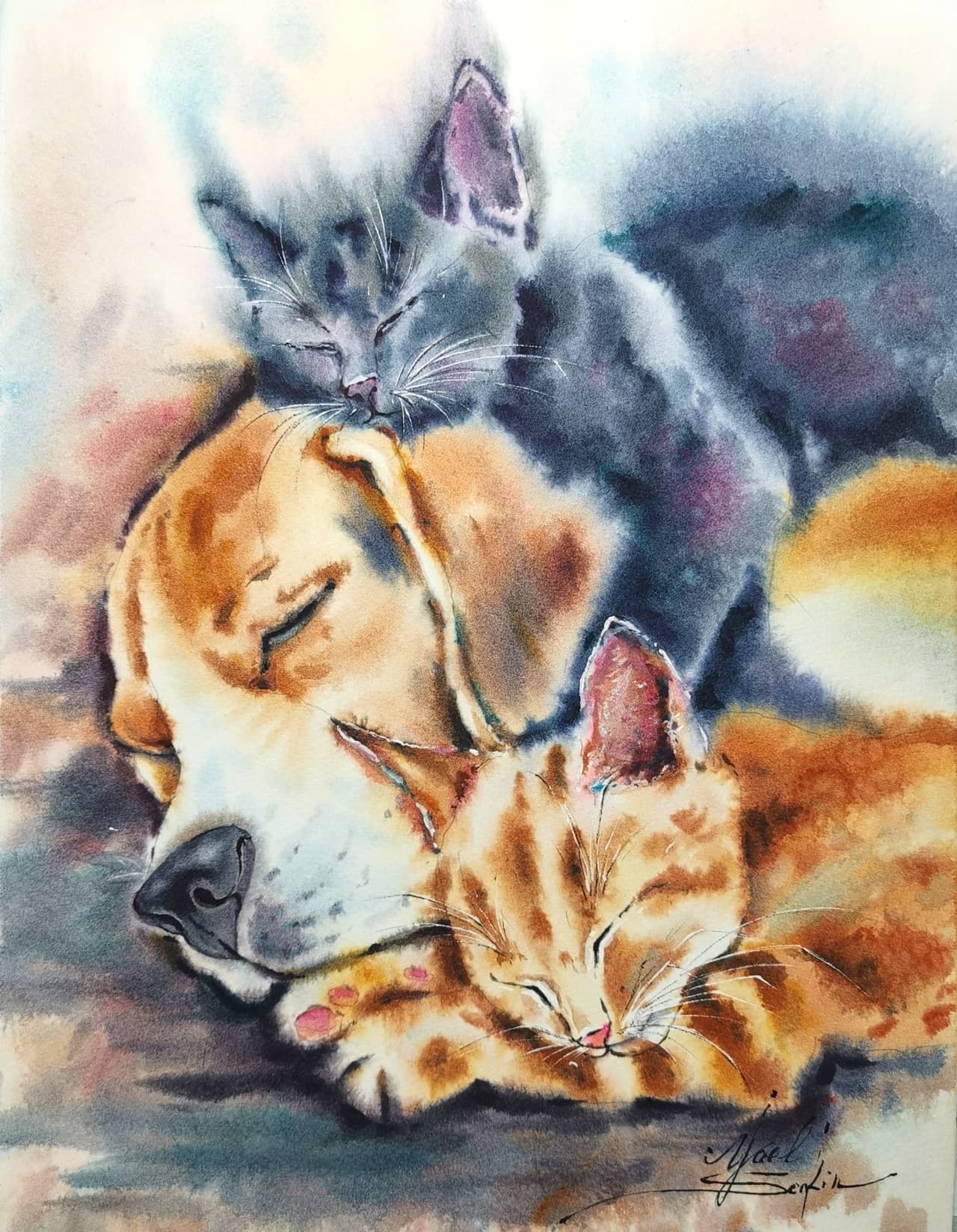Cat Dog painting Original watercolor artwork — image 1