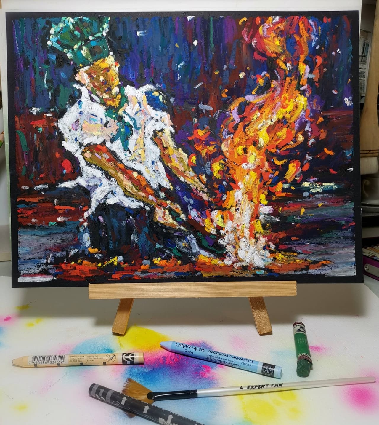 Chef painting Original oil pastel artwork Fire painting Cook painting — image 2