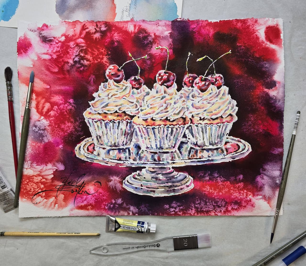 Original Watercolor Painting of Cupcakes with Cherries - Food Wall Art — image 2