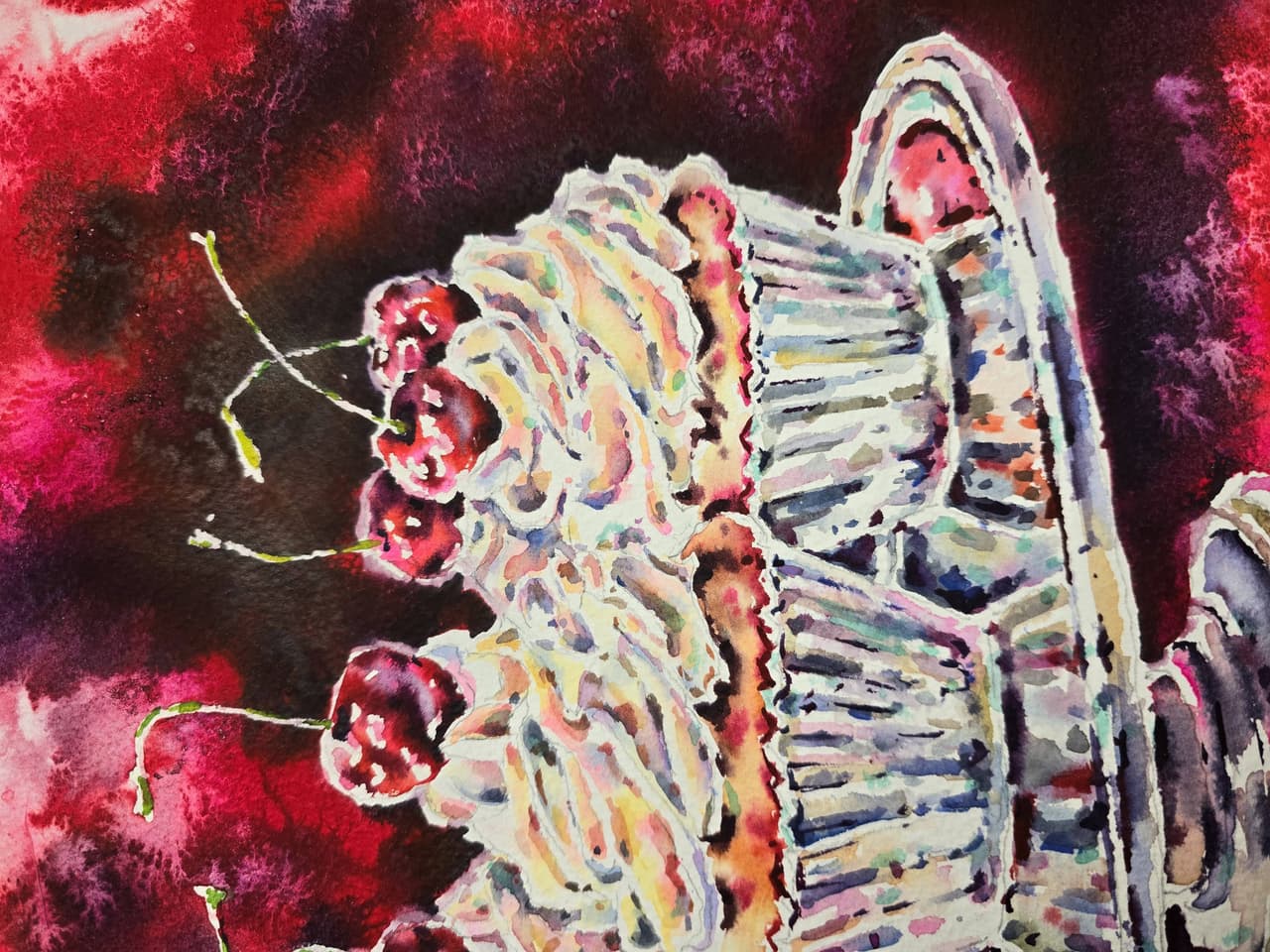 Original Watercolor Painting of Cupcakes with Cherries - Food Wall Art — image 5