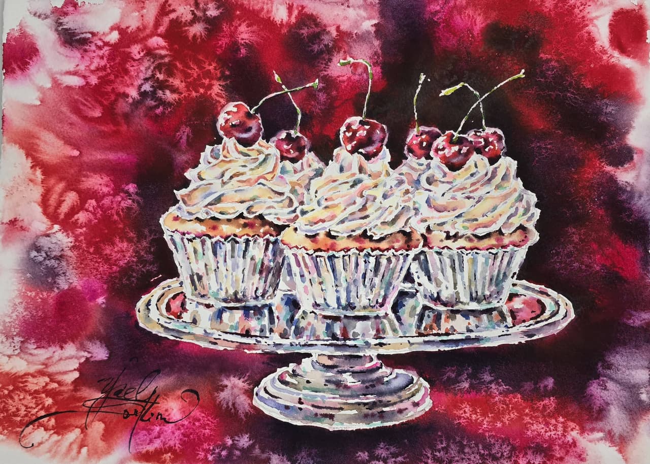 Original Watercolor Painting of Cupcakes with Cherries - Food Wall Art — image 1