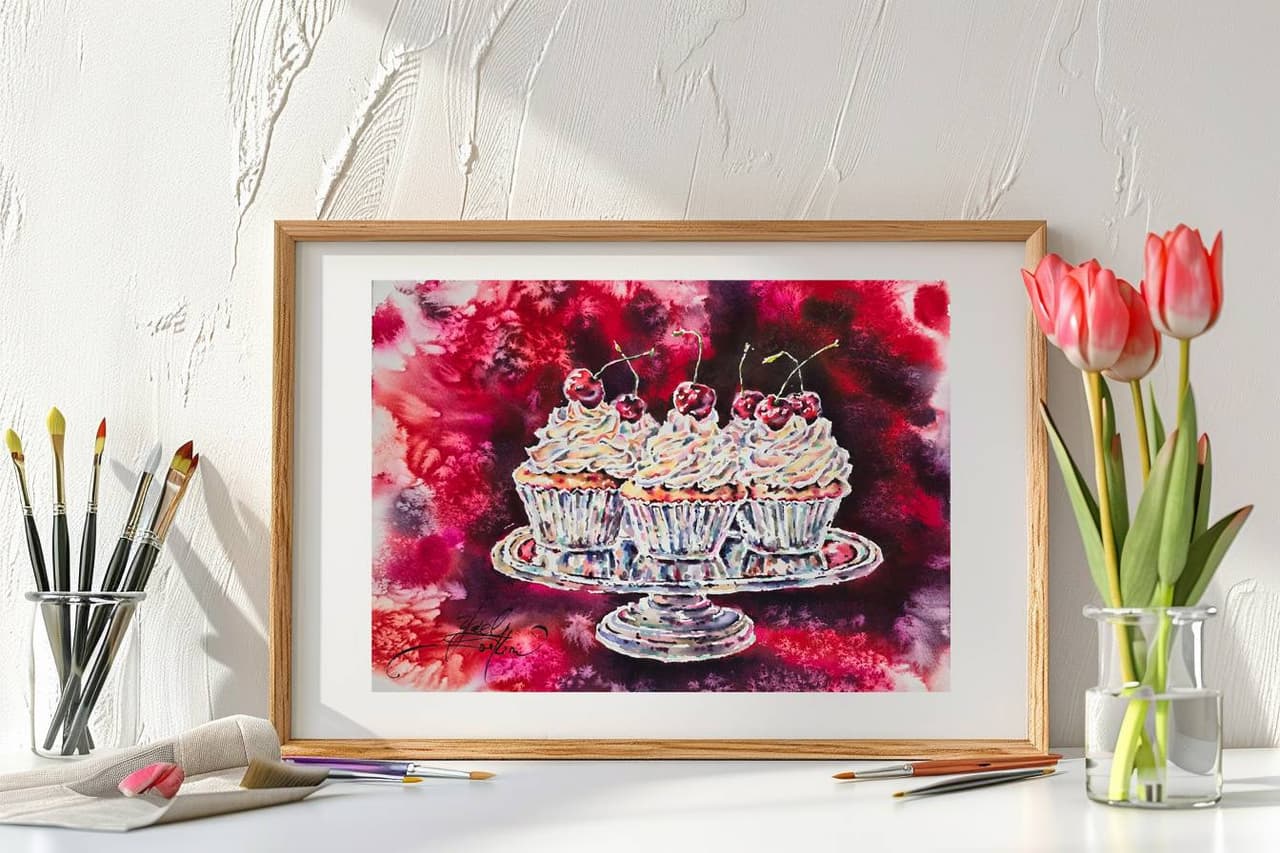Original Watercolor Painting of Cupcakes with Cherries - Food Wall Art — image 3
