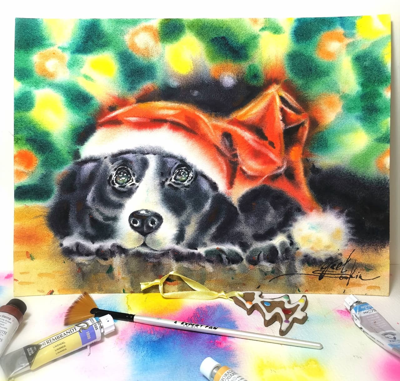 Original Watercolor Dog Painting - Christmas Wall Art — image 1