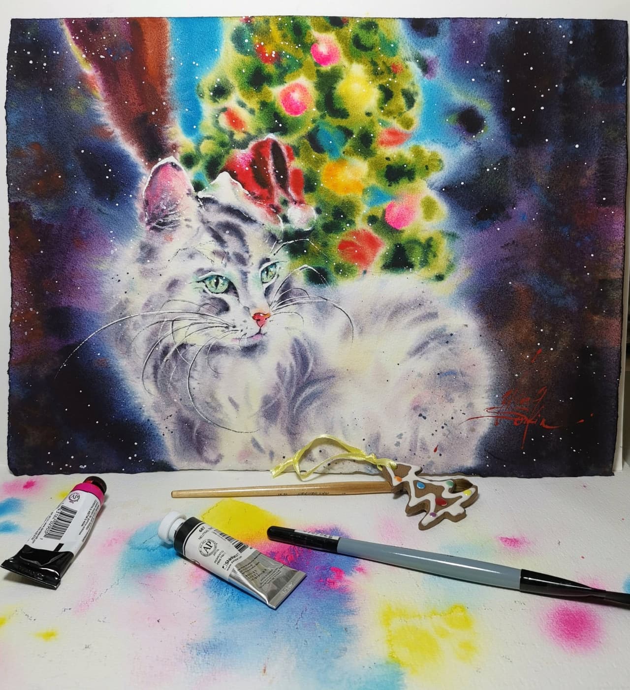 Original Watercolor White Cat Painting - Christmas Tree Holiday Wall Art — image 3