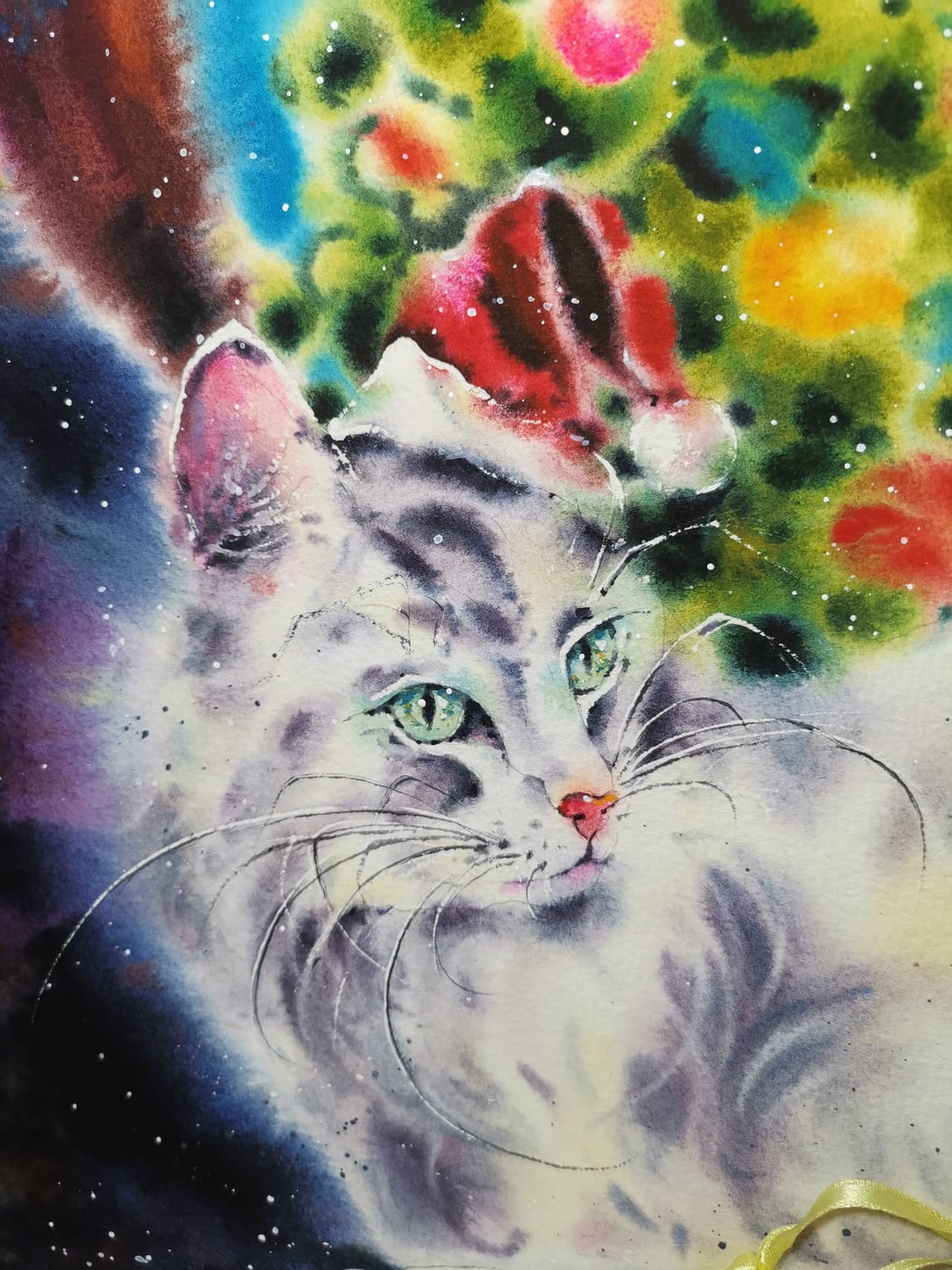 Original Watercolor White Cat Painting - Christmas Tree Holiday Wall Art — image 2