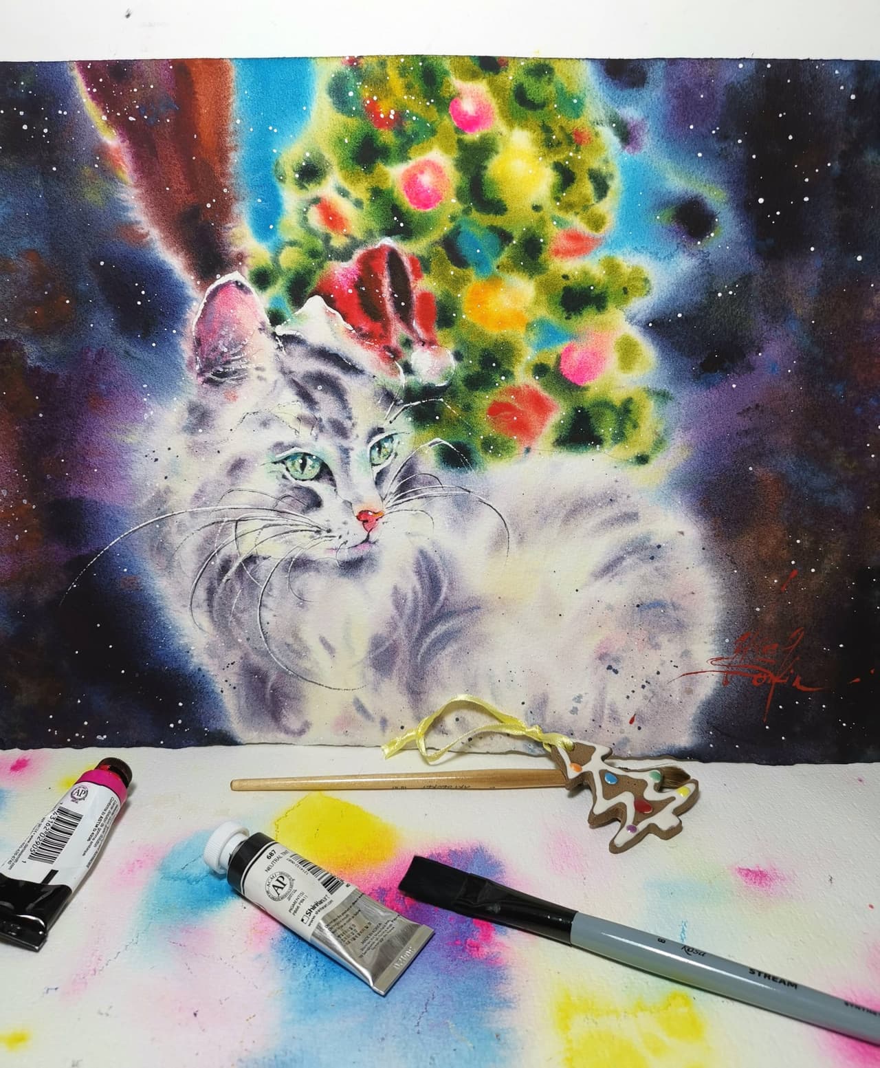 Original Watercolor White Cat Painting - Christmas Tree Holiday Wall Art — image 1