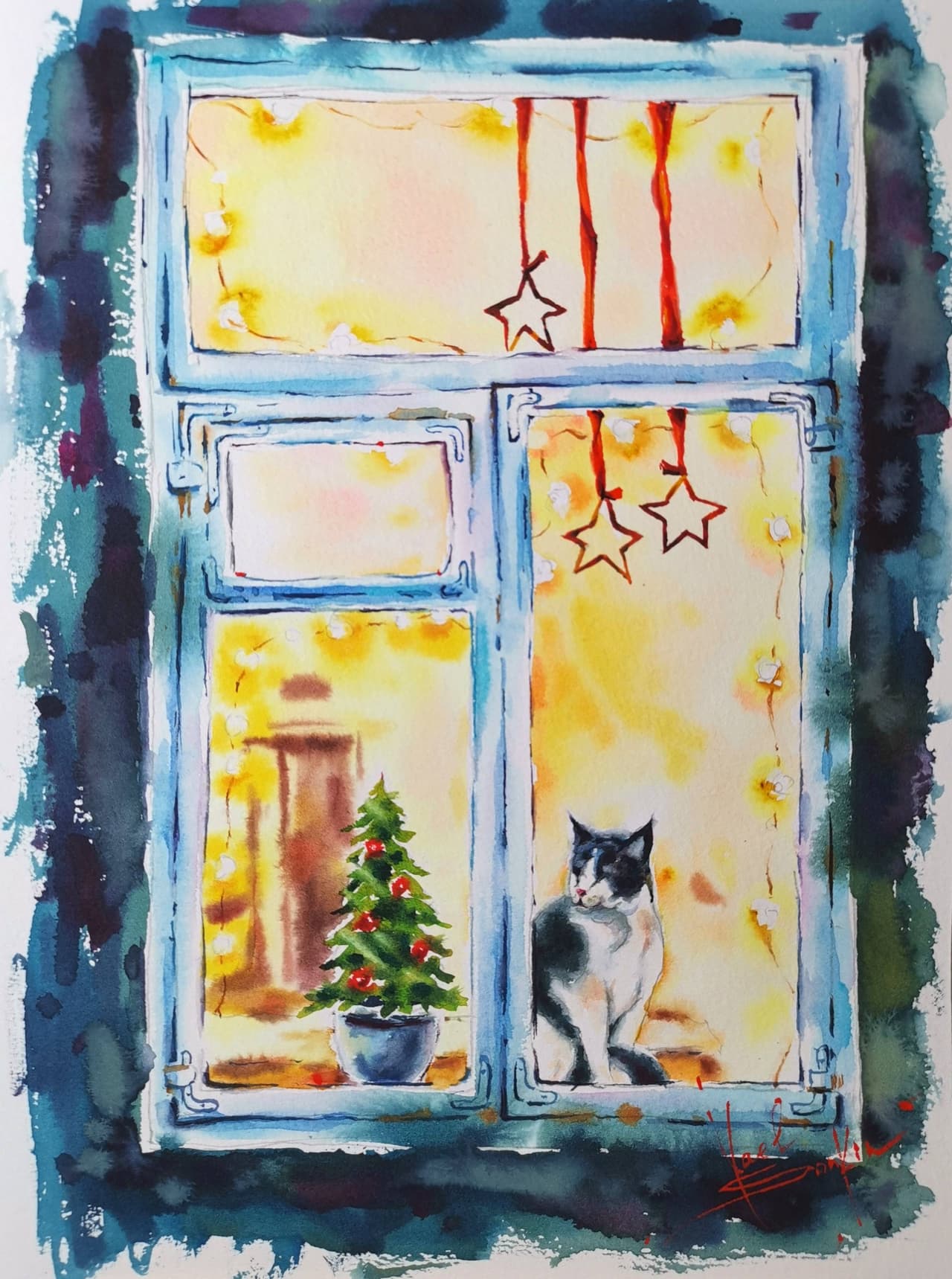 ORIGINAL Watercolor Painting CAT Painting Christmas Painting Animal — image 2