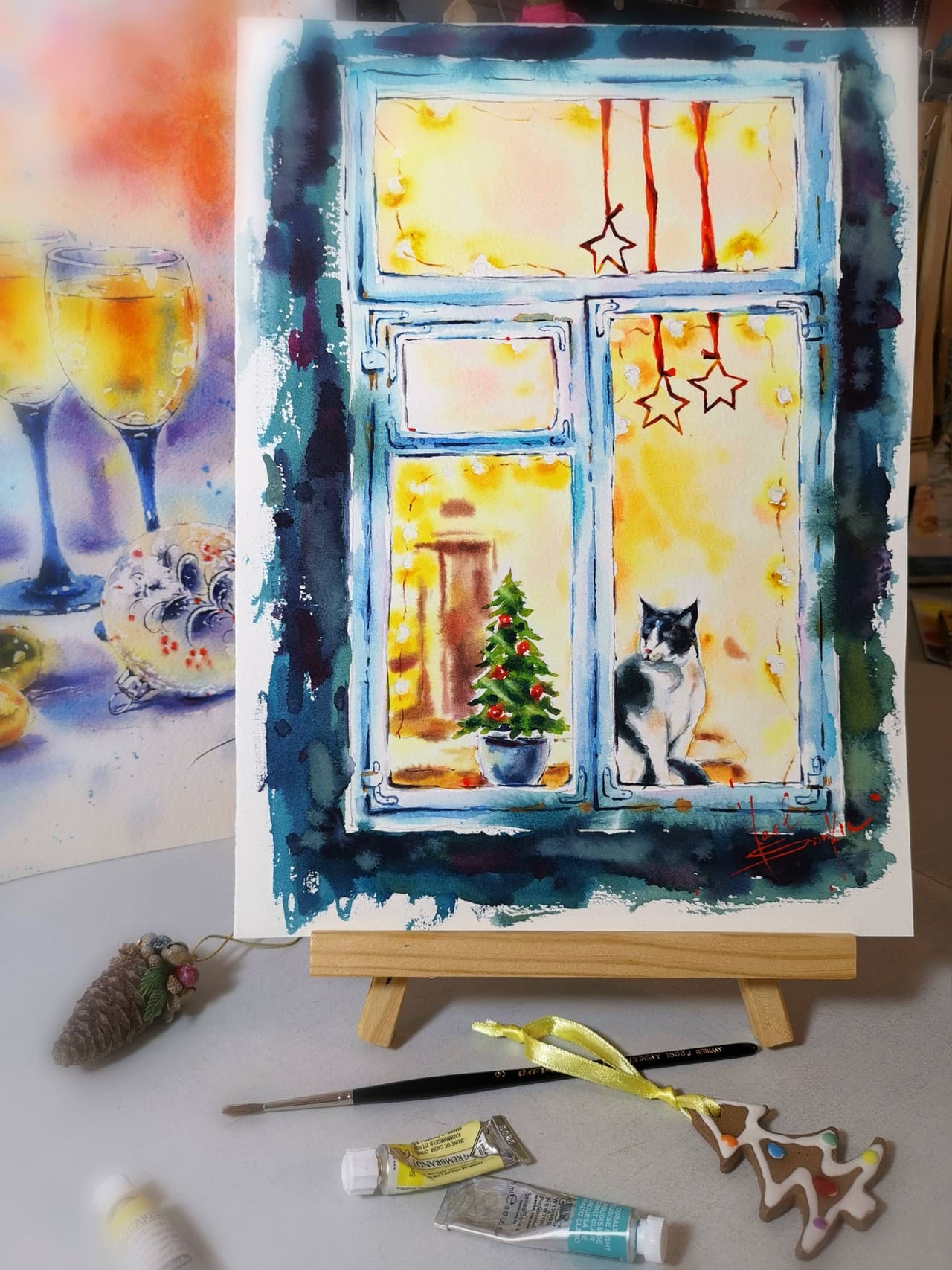 ORIGINAL Watercolor Painting CAT Painting Christmas Painting Animal — image 1