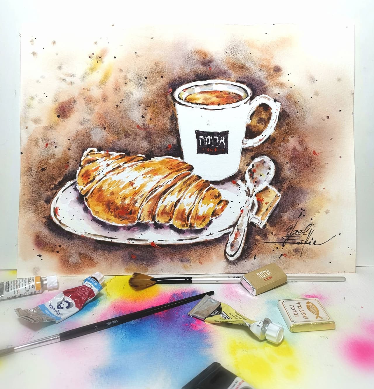 Croissant painting Original watercolor painting Cup of coffee painting Breakfast painting — image 3