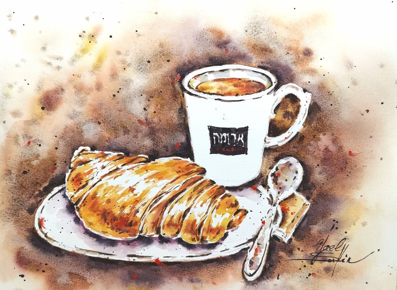 Croissant painting Original watercolor painting Cup of coffee painting Breakfast painting — image 1