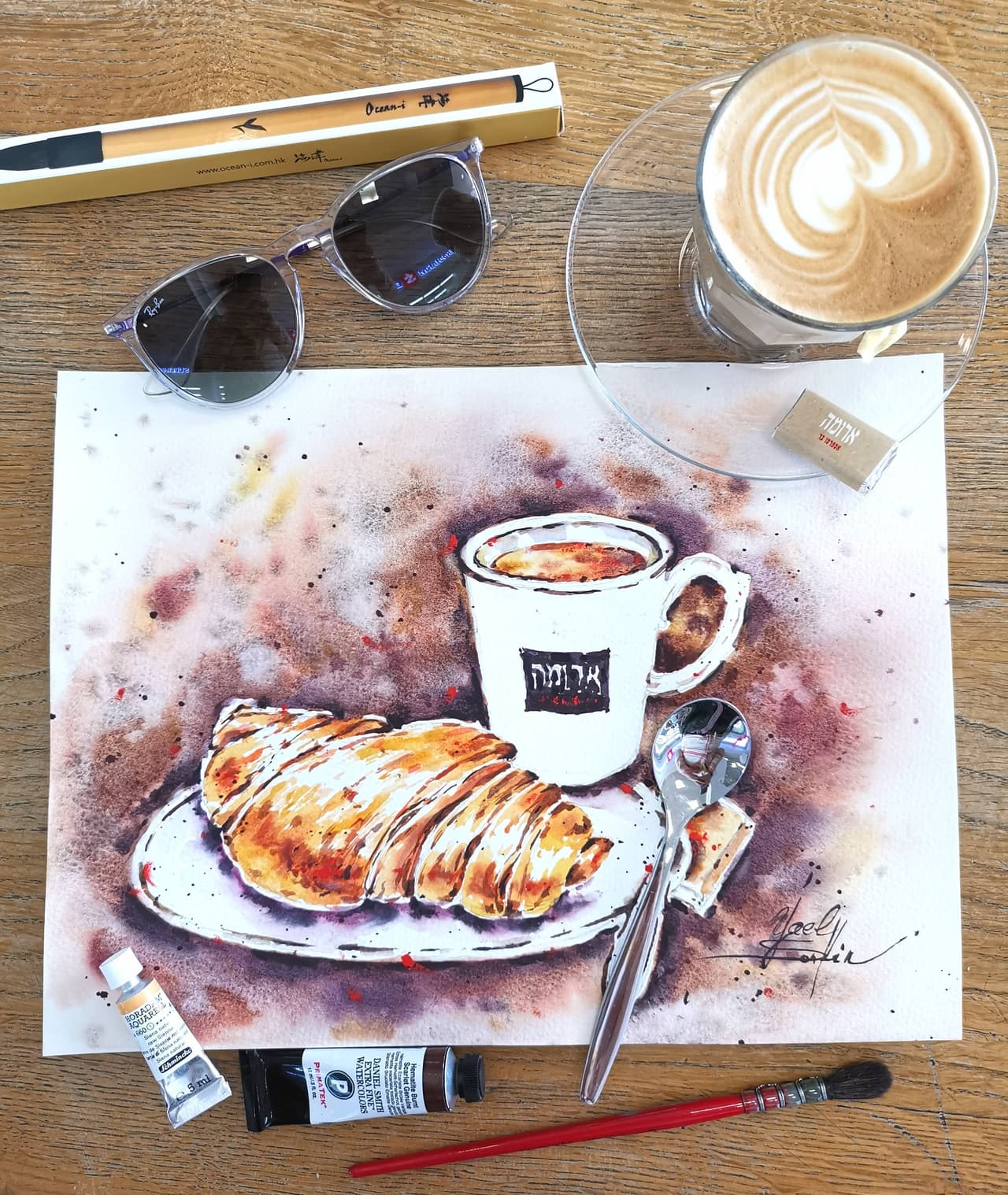 Croissant painting Original watercolor painting Cup of coffee painting Breakfast painting — image 2