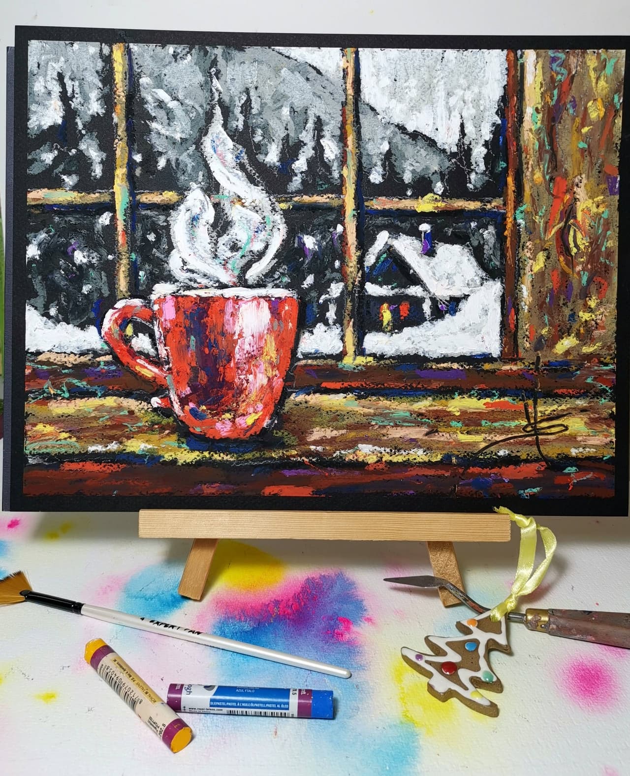 Winter landscape painting Original oil pastel artwork — image 2