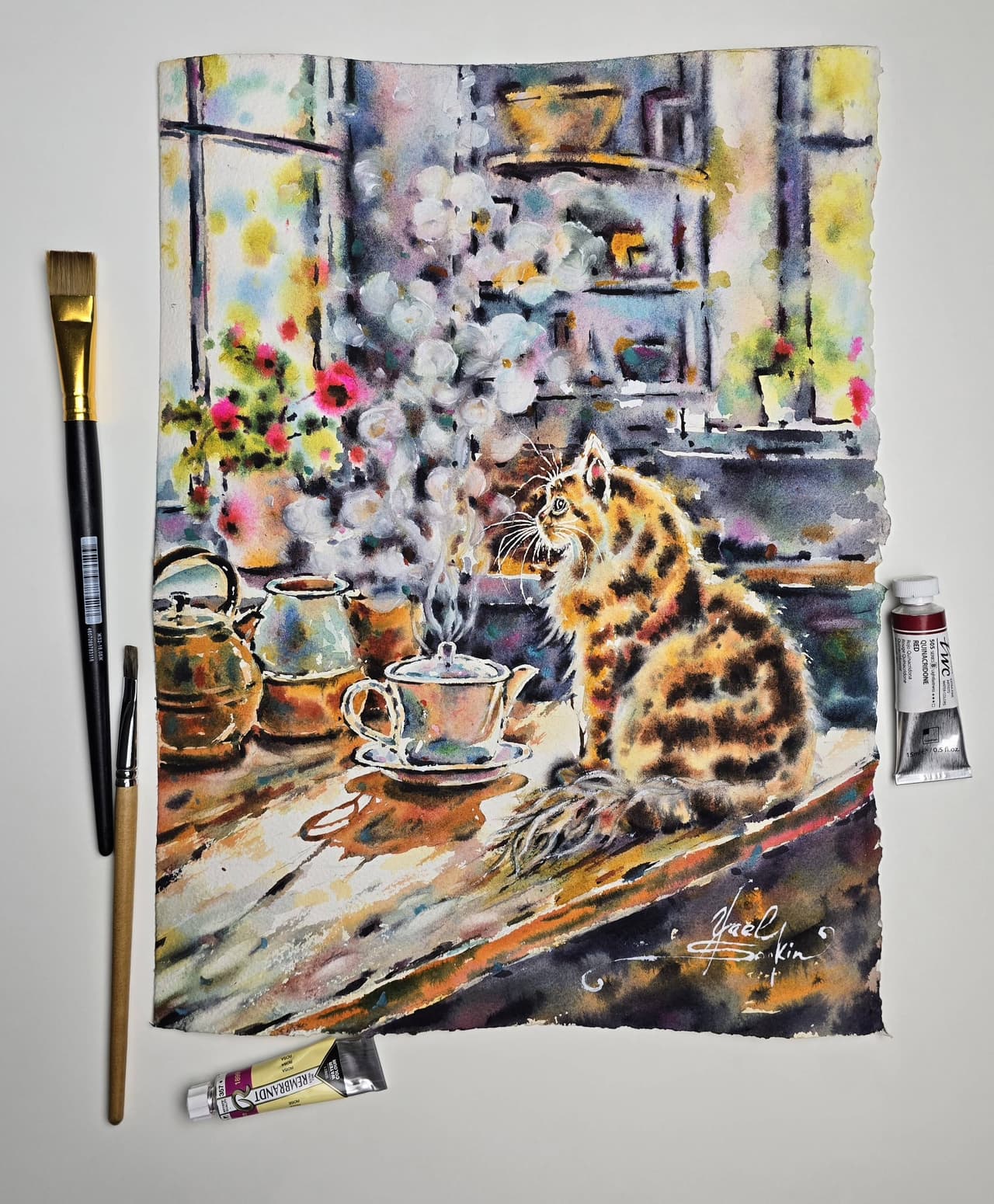 Ginger cat artwork Kitchen wall art Original watercolor painting — image 3