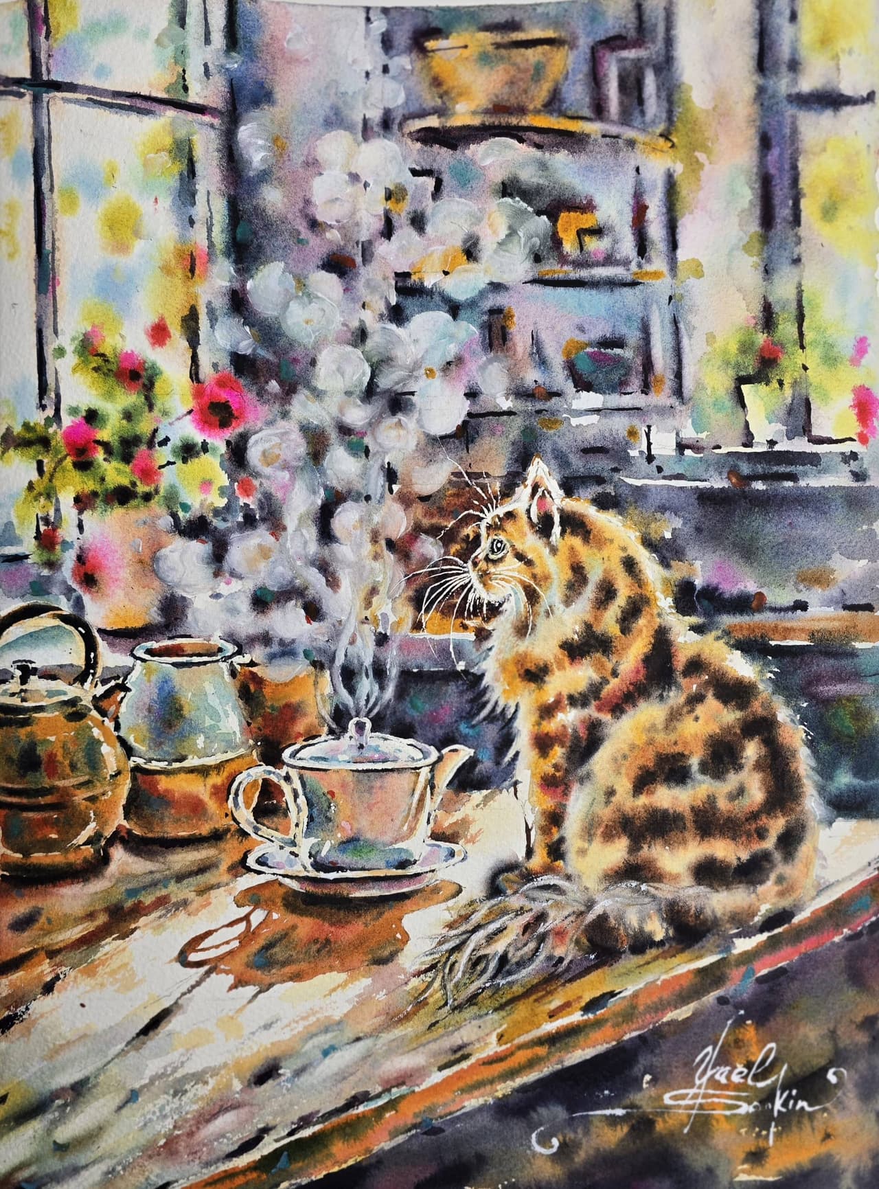 Ginger cat artwork Kitchen wall art Original watercolor painting — image 1