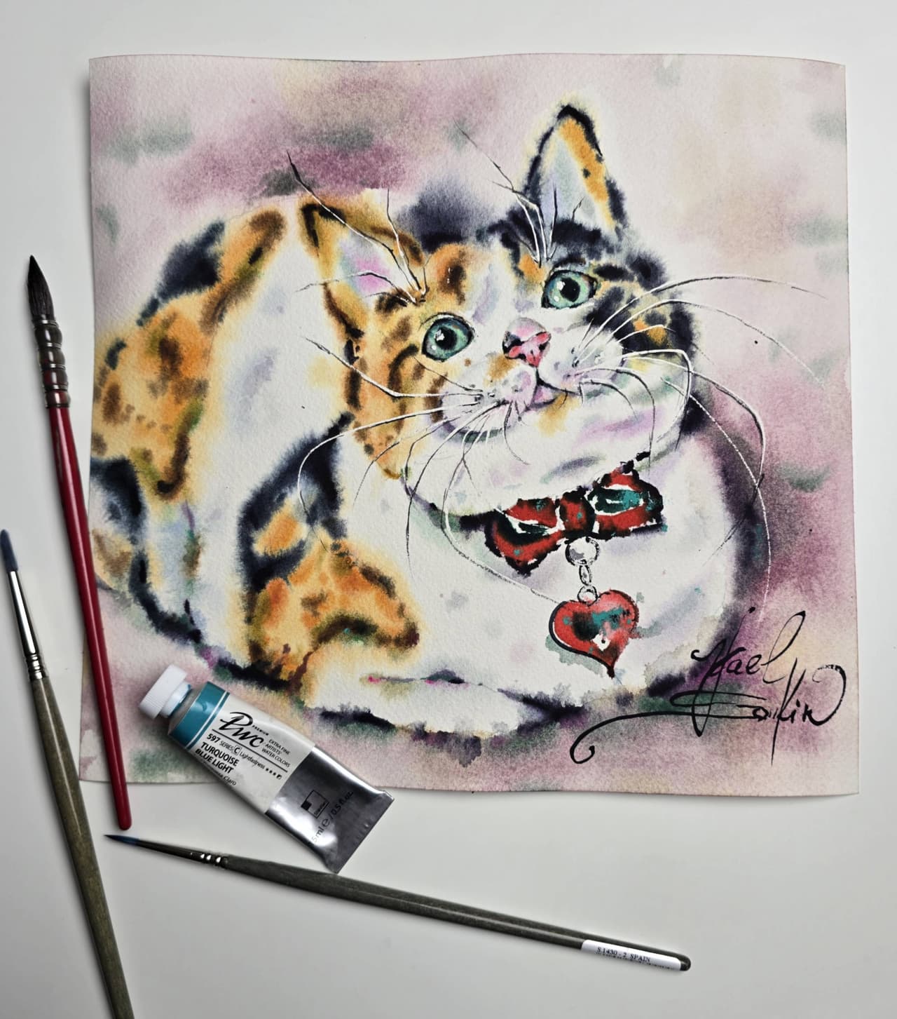 Cat Watercolor Painting, Original Calico Cat Portrait Wall Art with Red Bow — image 2