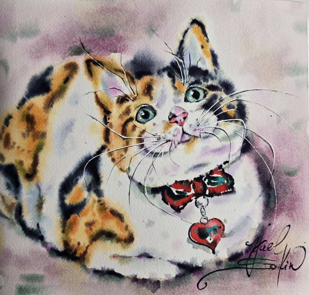 Cat Watercolor Painting, Original Calico Cat Portrait Wall Art with Red Bow — image 1