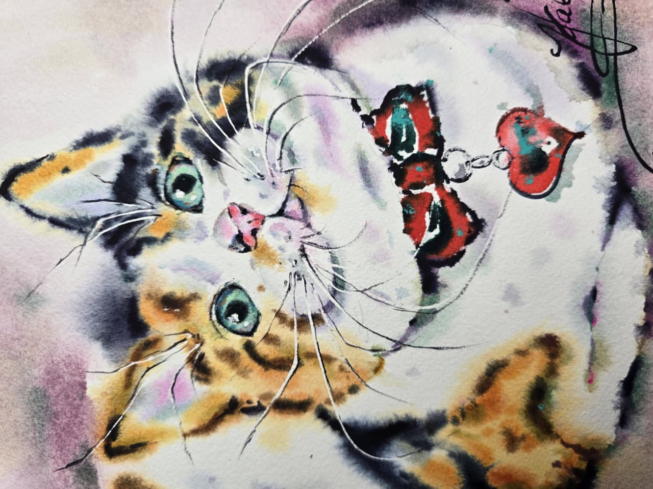 Cat Watercolor Painting, Original Calico Cat Portrait Wall Art with Red Bow — image 3