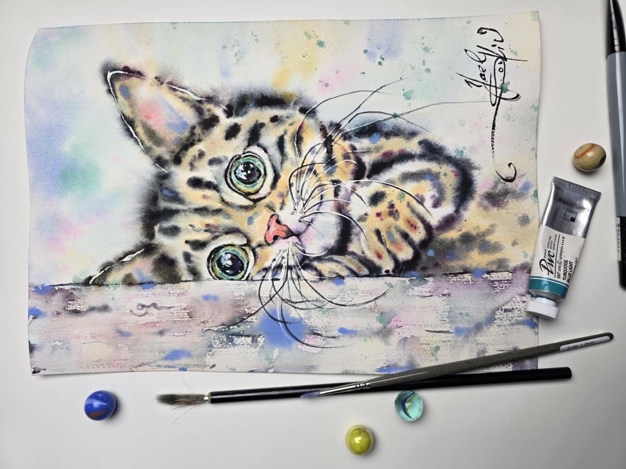 Cat Watercolor Painting, Original Kitten Portrait Wall Art, Colorful Pet Decor — image 3