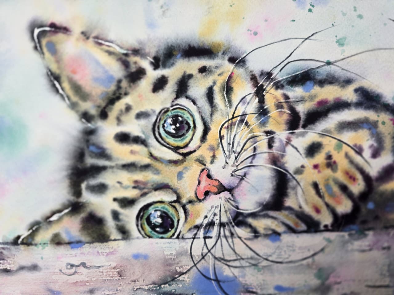 Cat Watercolor Painting, Original Kitten Portrait Wall Art, Colorful Pet Decor — image 2