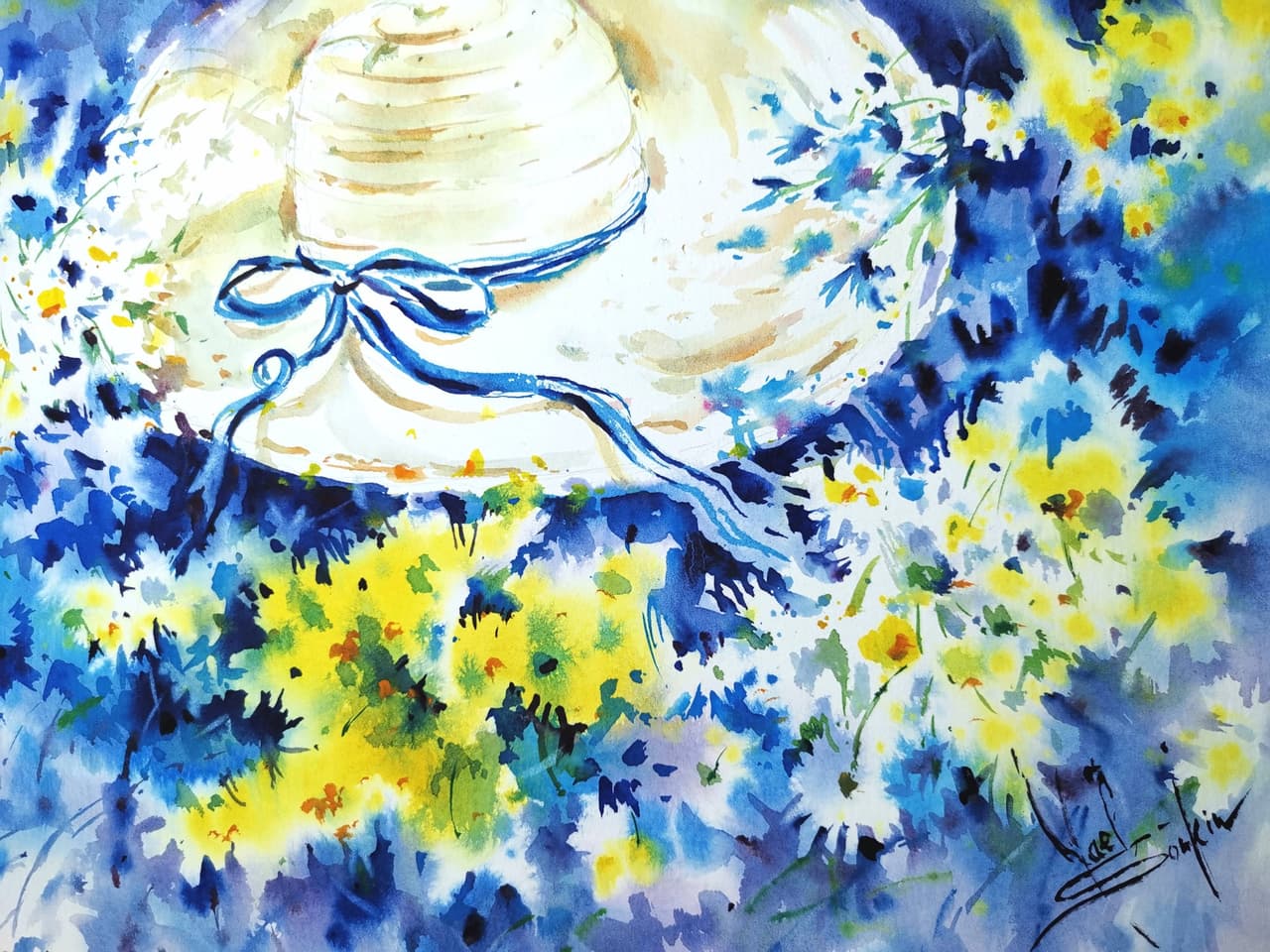 Original Watercolor Srtaw Hat and Daisies Flower Painting - Floral Still Life Wall Art — image 2