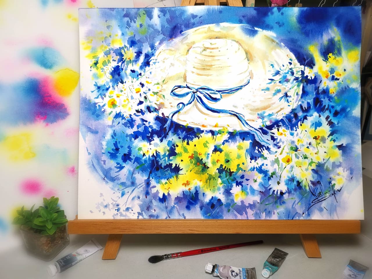 Original Watercolor Srtaw Hat and Daisies Flower Painting - Floral Still Life Wall Art — image 1