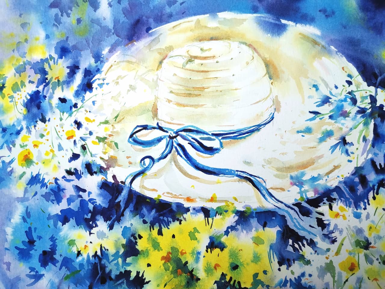 Original Watercolor Srtaw Hat and Daisies Flower Painting - Floral Still Life Wall Art — image 3