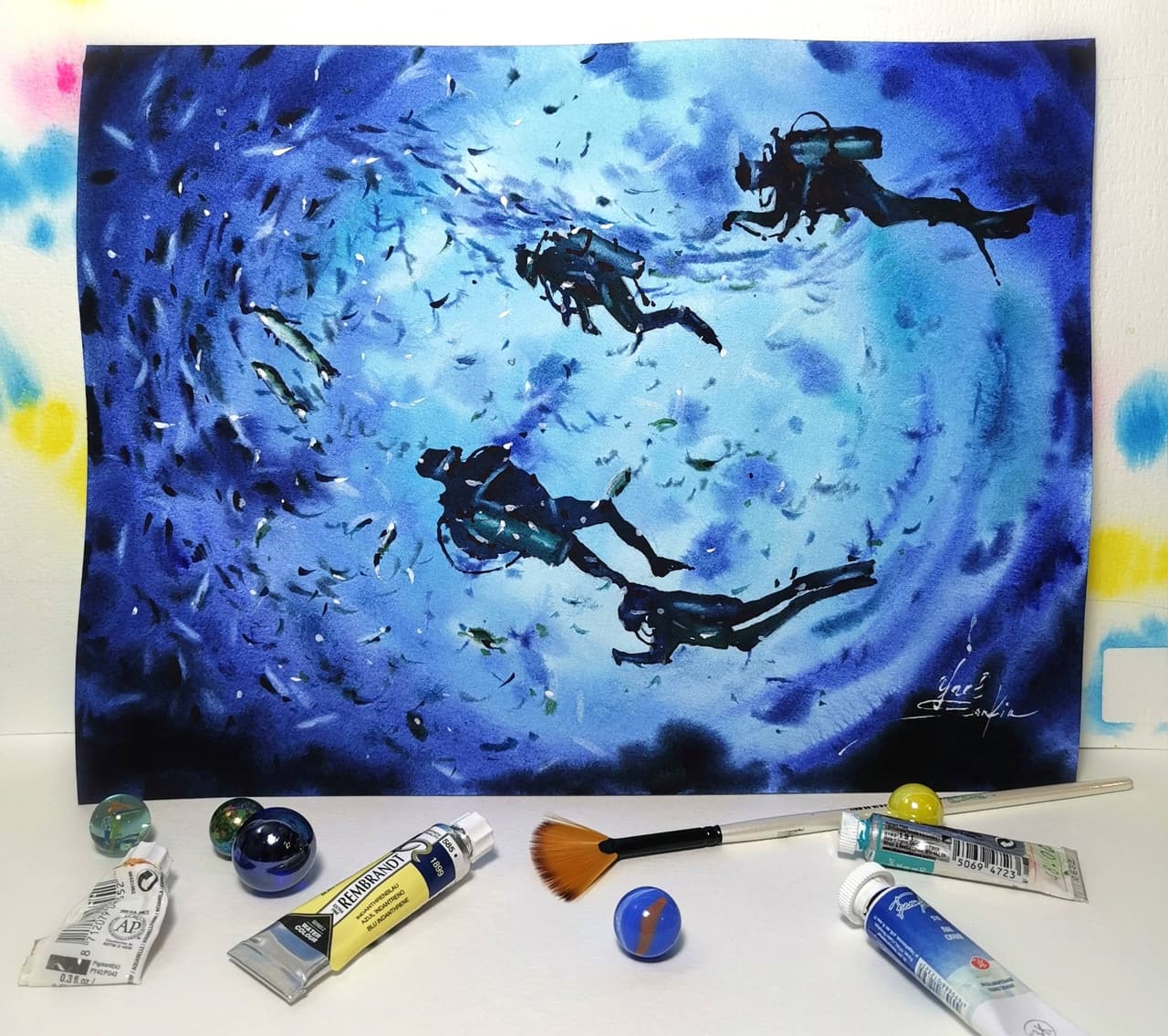 Original Watercolor Scuba Divers Painting - Underwater World Wall Art — image 1