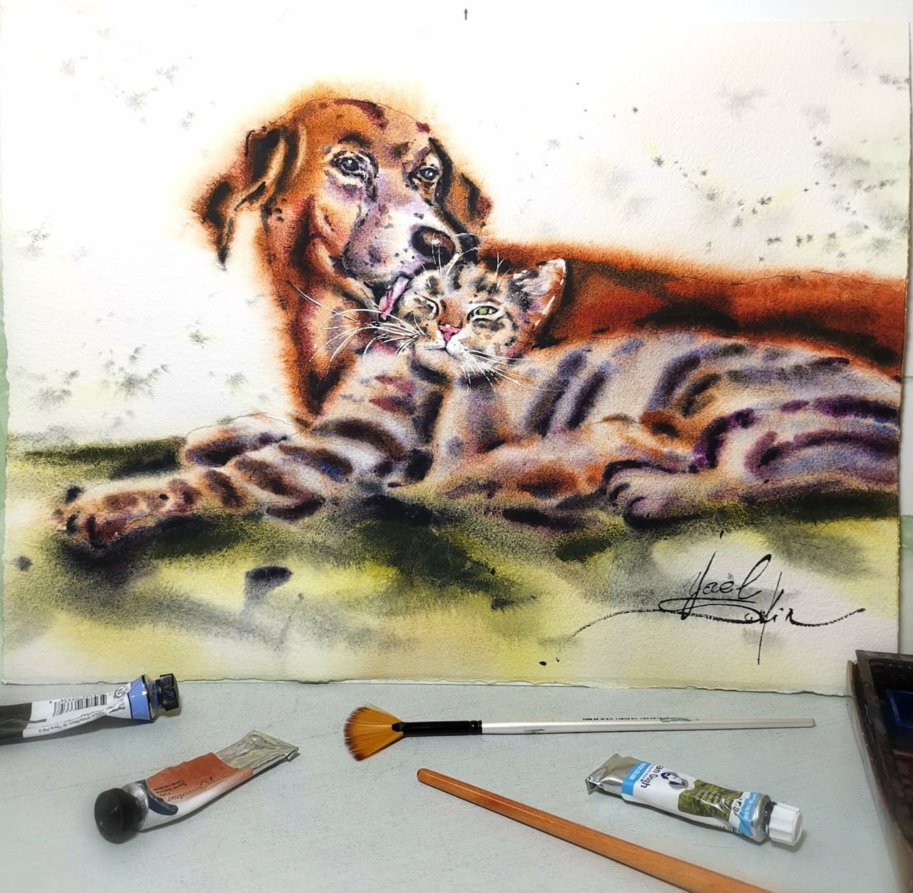 Original Watercolor Dog and Cat Painting - Pet Friendship Wall Art — image 1