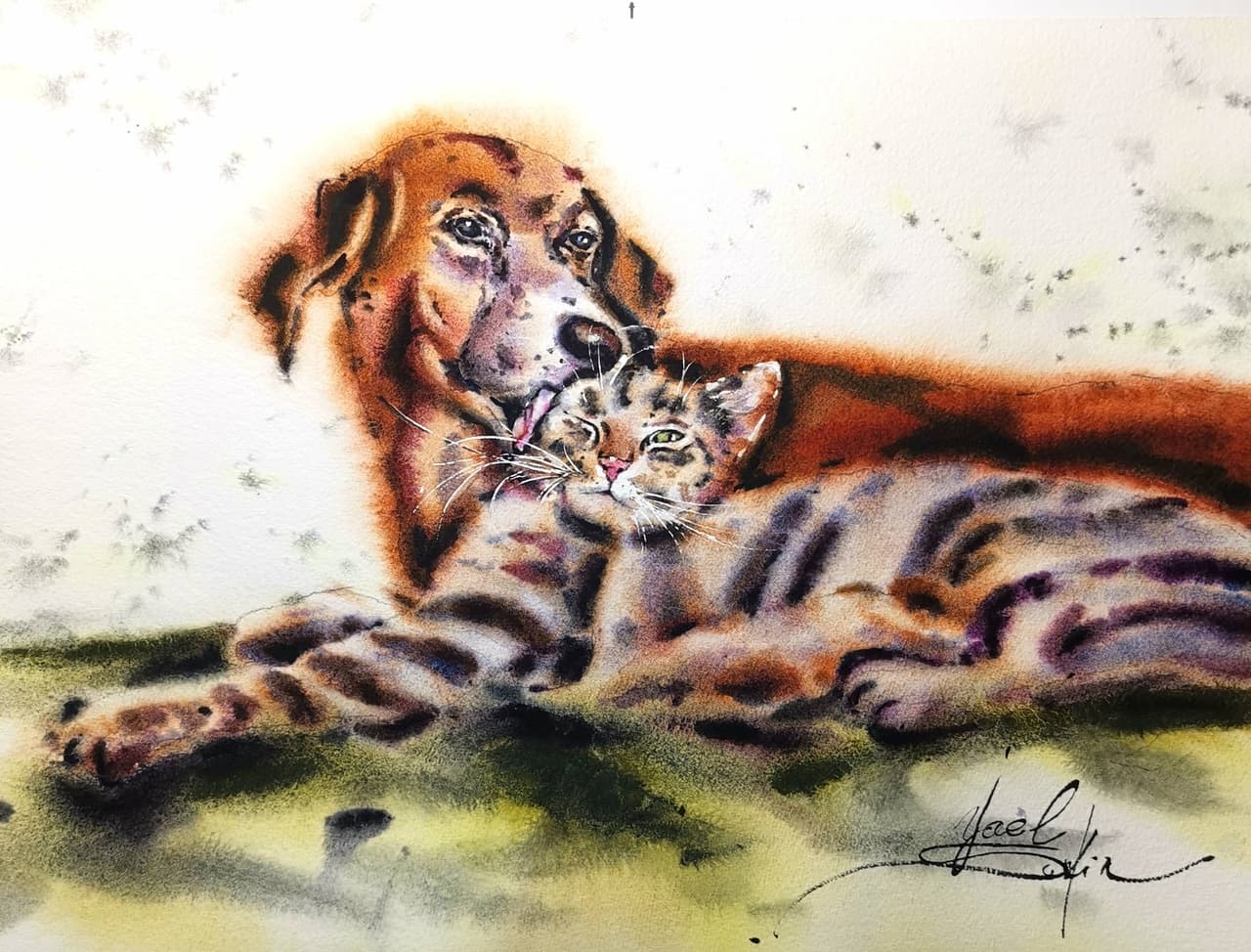 watercolor painting of a brown dog and striped cat cuddling together, symbolizing trust and tenderness - original animal art by Yael Natali