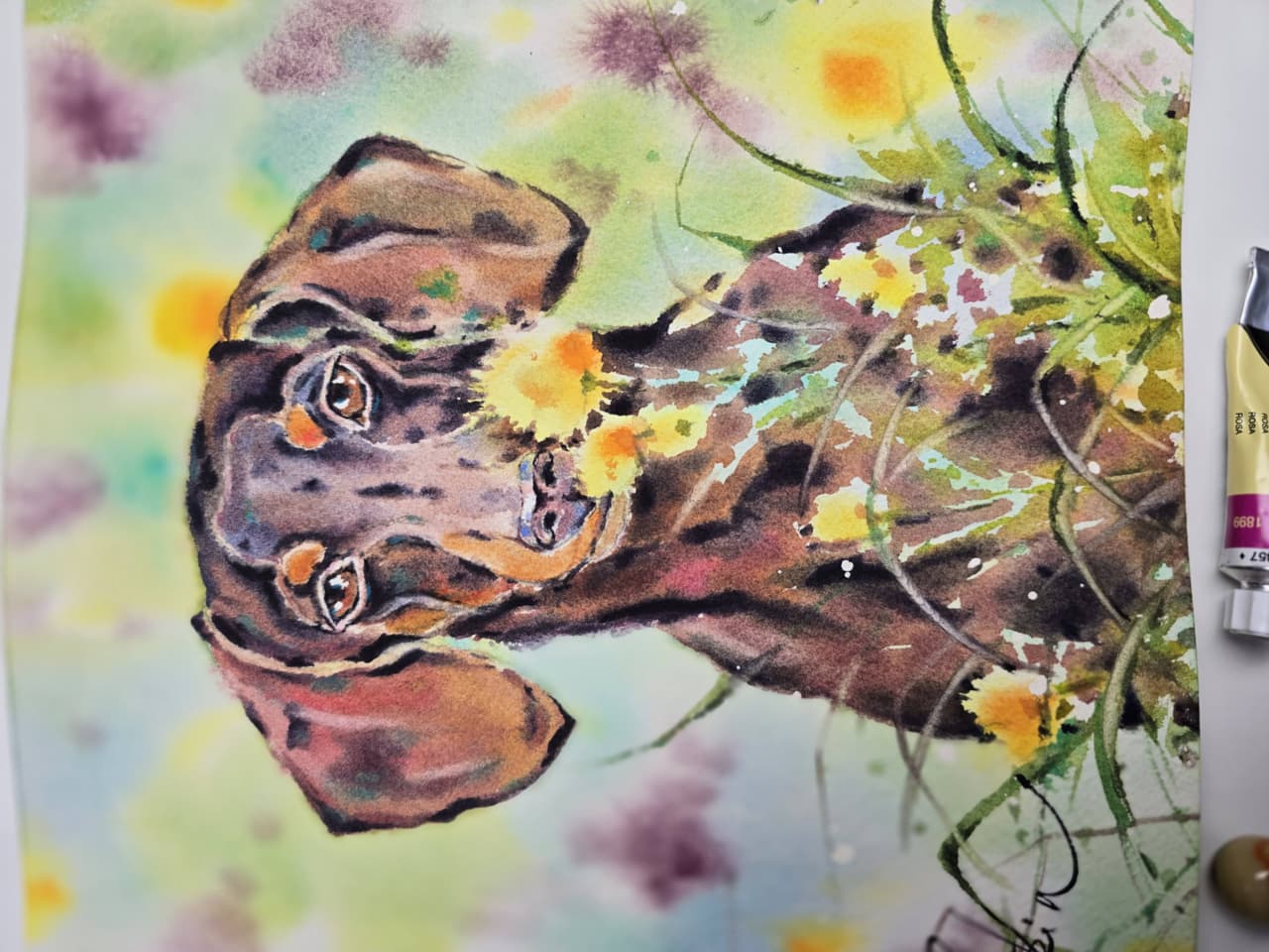 Dog Watercolor Painting, Original Dachshund Wall Art with Flowers — image 4