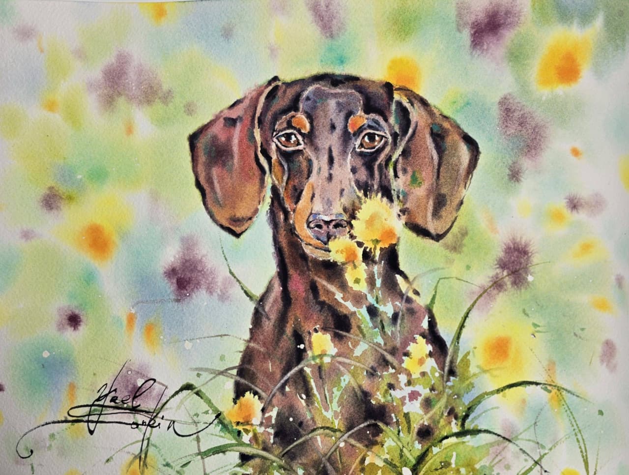 Dog Watercolor Painting, Original Dachshund Wall Art with Flowers — image 2