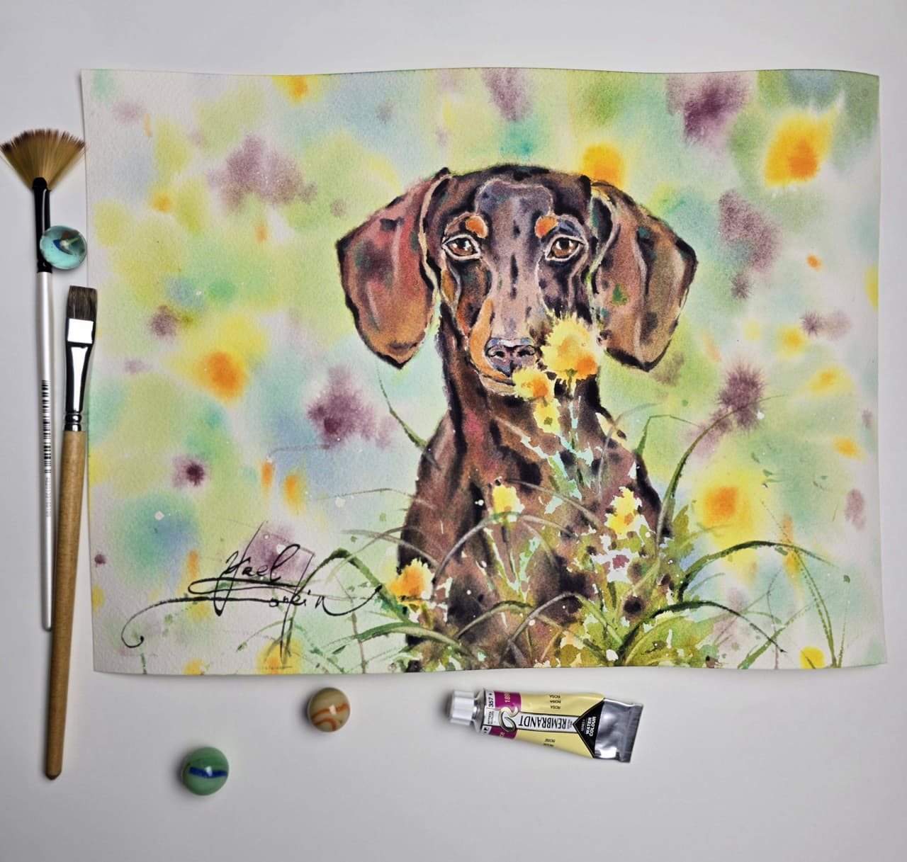 Dog Watercolor Painting, Original Dachshund Wall Art with Flowers — image 3